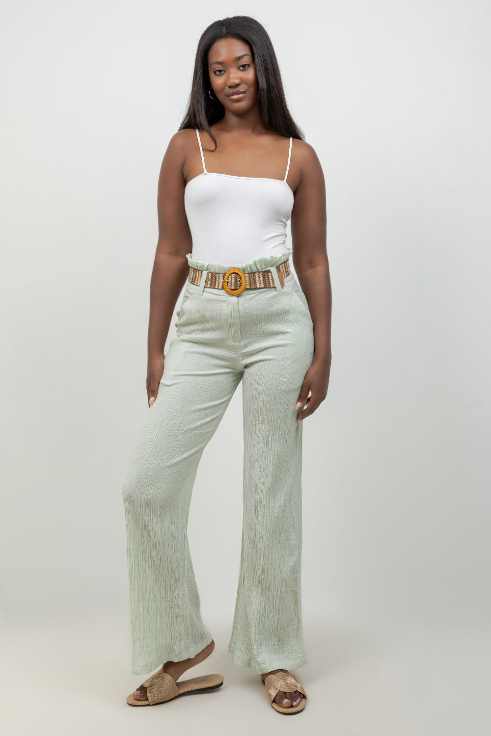 Crinkle Linen Blend Wide-Leg Pants with Belt