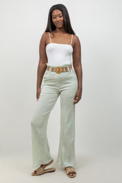 Crinkle Linen Blend Wide-Leg Pants with Belt