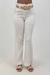 Crinkle Linen Blend Wide-Leg Pants with Belt