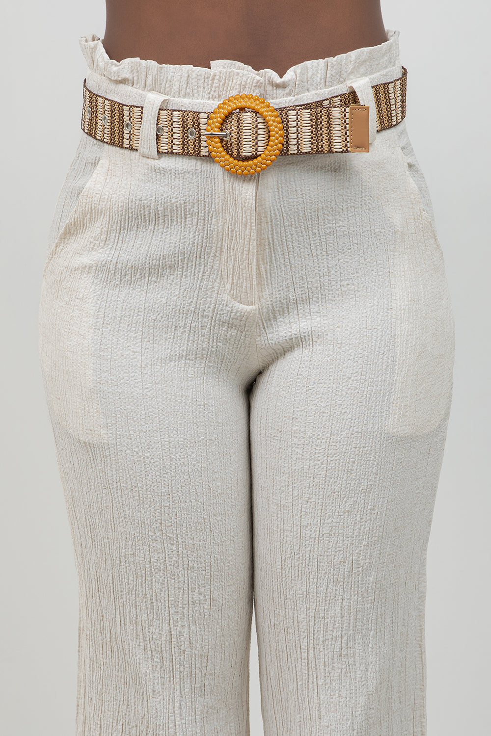 Crinkle Linen Blend Wide-Leg Pants with Belt