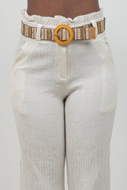 Crinkle Linen Blend Wide-Leg Pants with Belt