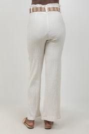 Crinkle Linen Blend Wide-Leg Pants with Belt