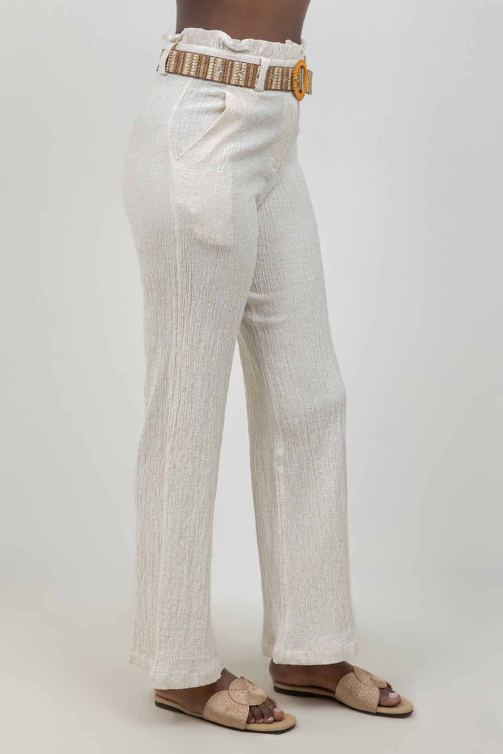 Crinkle Linen Blend Wide-Leg Pants with Belt
