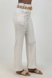 Crinkle Linen Blend Wide-Leg Pants with Belt