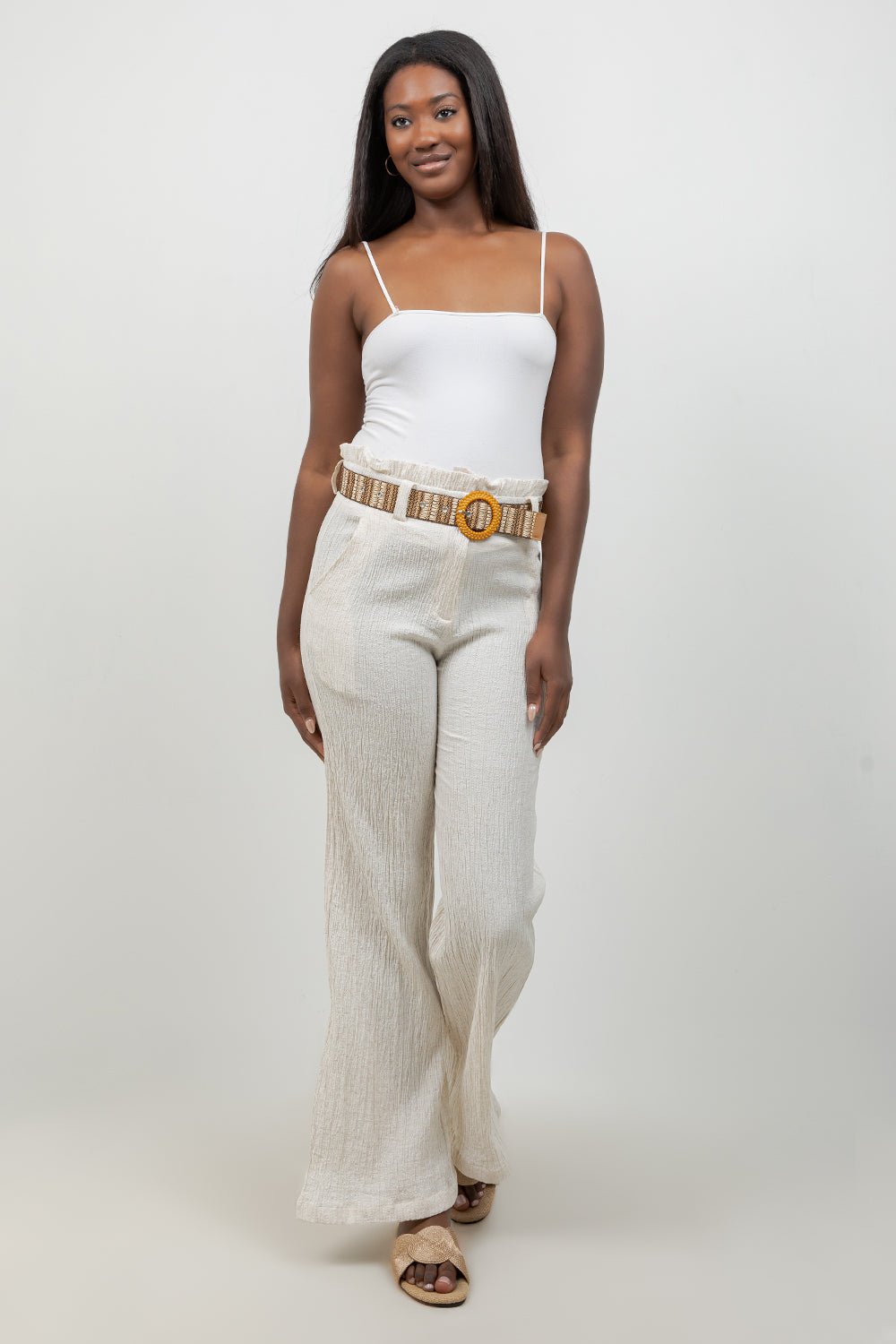 Crinkle Linen Blend Wide-Leg Pants with Belt