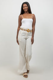 Crinkle Linen Blend Wide-Leg Pants with Belt