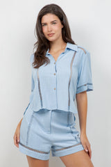 Linen Blend Button Down Shirt Short Sleeve with Lace Detail
