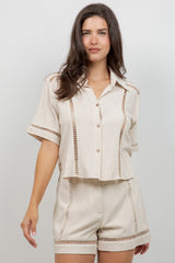 Linen Blend Button Down Shirt Short Sleeve with Lace Detail