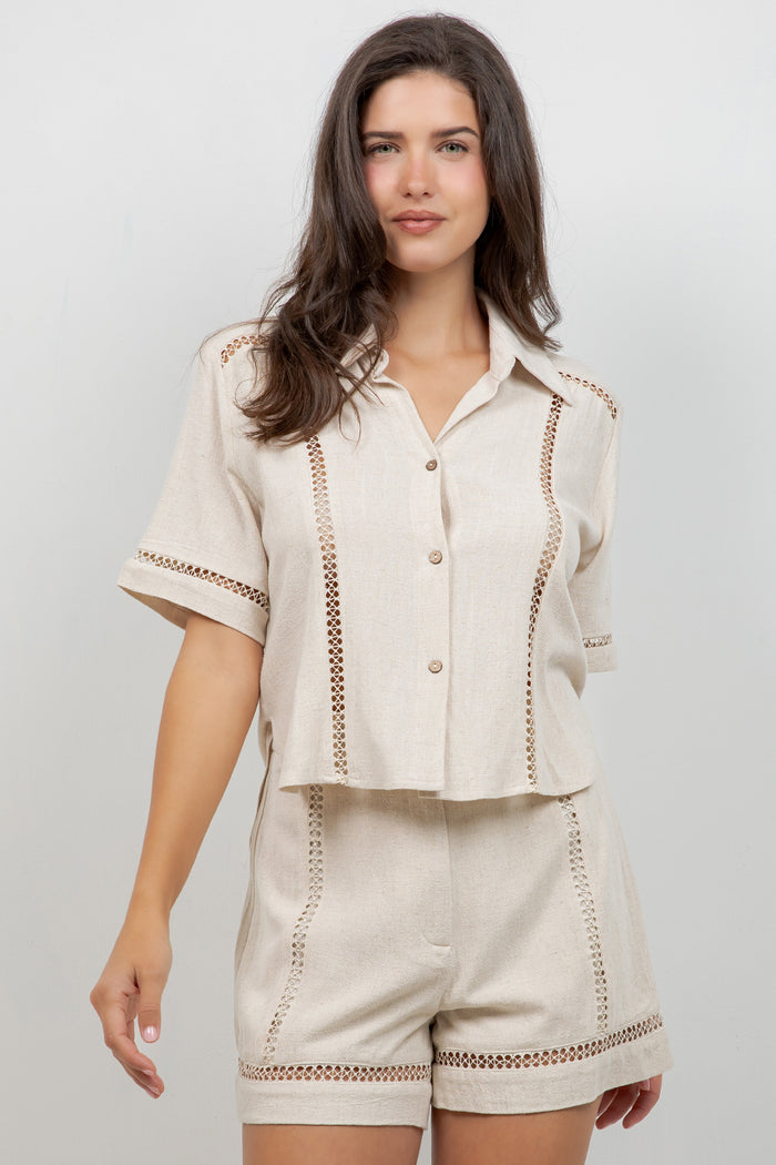 Linen Blend Button Down Shirt Short Sleeve with Lace Detail