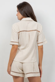 Linen Blend Button Down Shirt Short Sleeve with Lace Detail