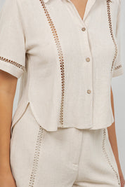 Linen Blend Button Down Shirt Short Sleeve with Lace Detail