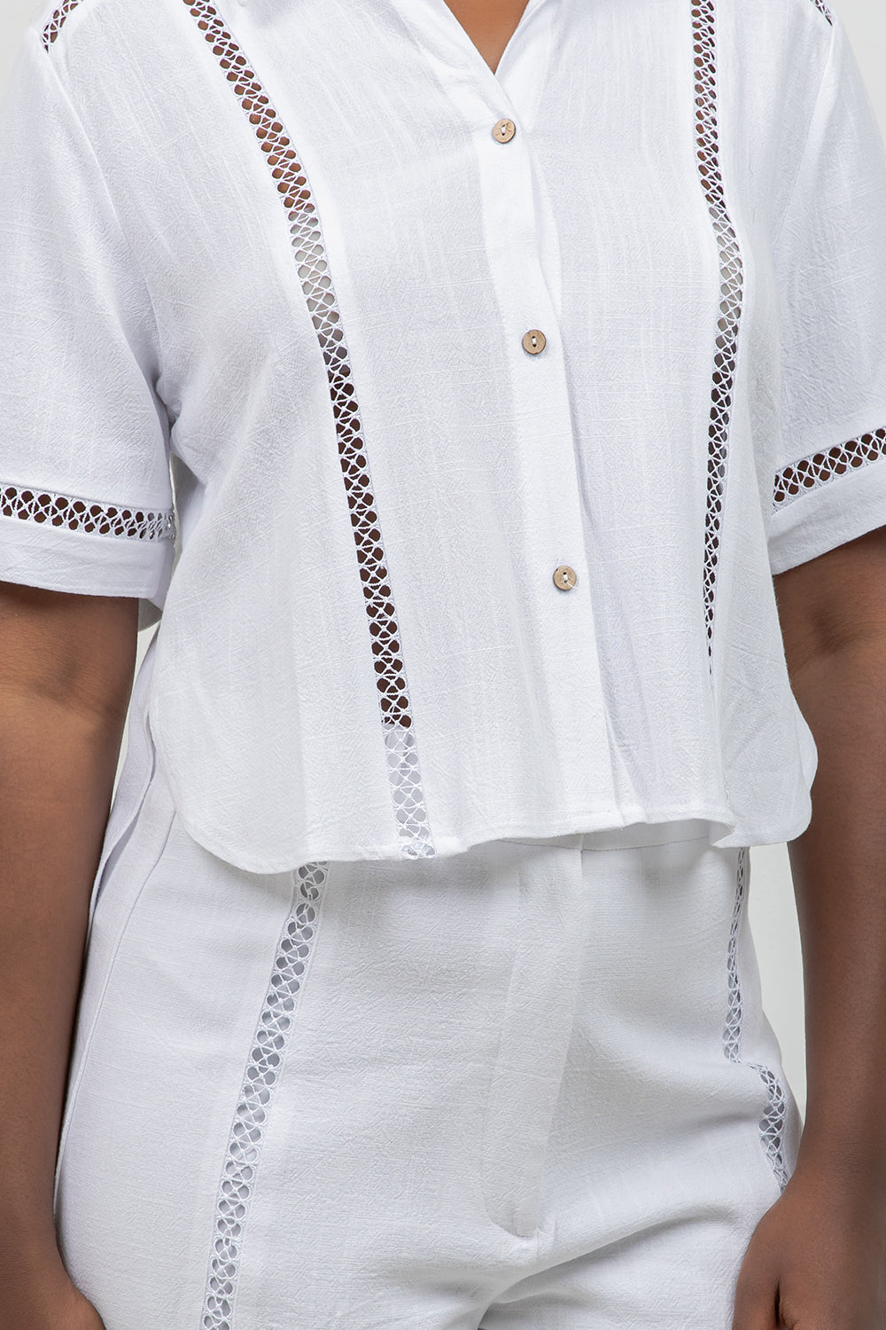 Linen Blend Button Down Shirt Short Sleeve with Lace Detail