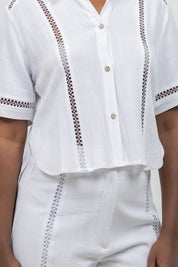 Linen Blend Button Down Shirt Short Sleeve with Lace Detail