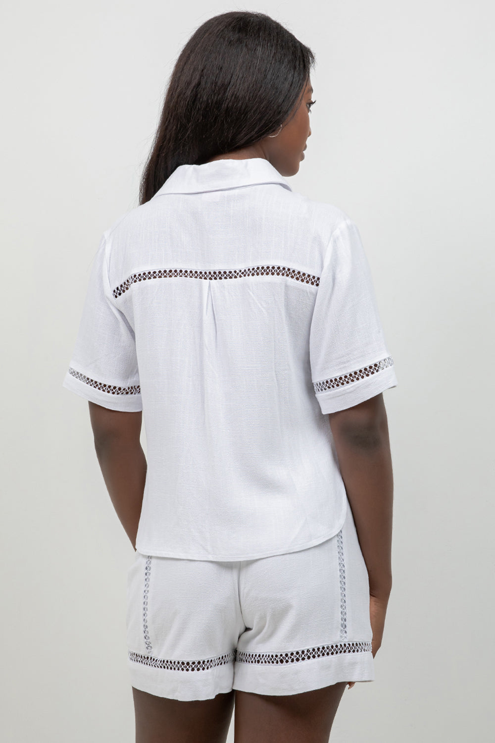 Linen Blend Button Down Shirt Short Sleeve with Lace Detail