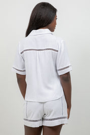 Linen Blend Button Down Shirt Short Sleeve with Lace Detail