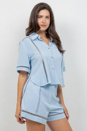 Linen Blend Button Down Shirt Short Sleeve with Lace Detail