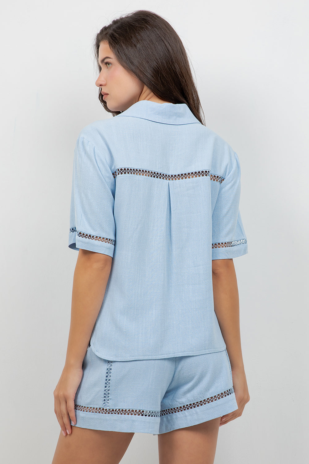 Linen Blend Button Down Shirt Short Sleeve with Lace Detail