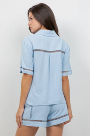 Linen Blend Button Down Shirt Short Sleeve with Lace Detail
