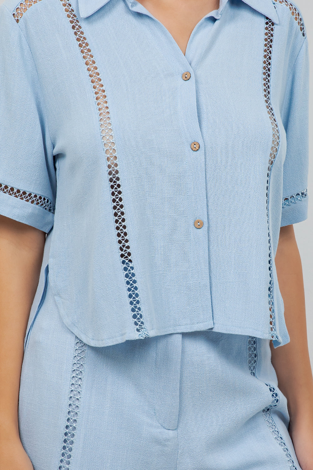 Linen Blend Button Down Shirt Short Sleeve with Lace Detail