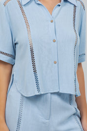 Linen Blend Button Down Shirt Short Sleeve with Lace Detail