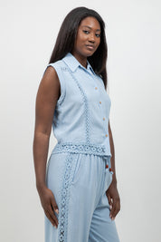 Linen Blend Sleeveless Button Down Shirt with Lace Detail