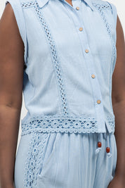 Linen Blend Sleeveless Button Down Shirt with Lace Detail