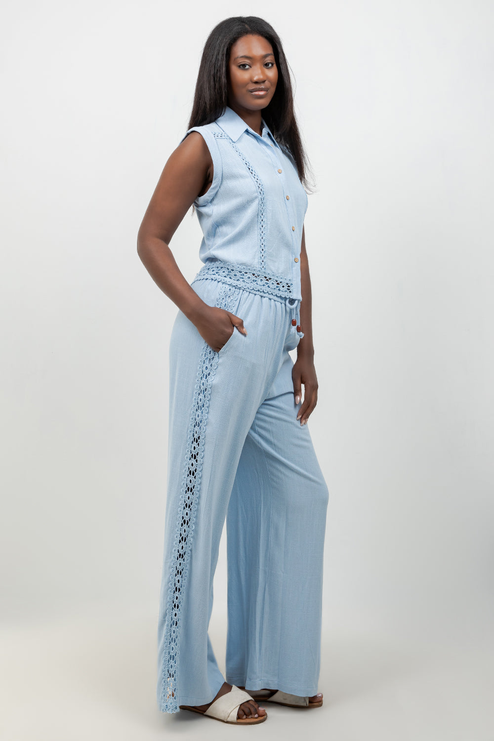 Linen Blend Sleeveless Button Down Shirt with Lace Detail