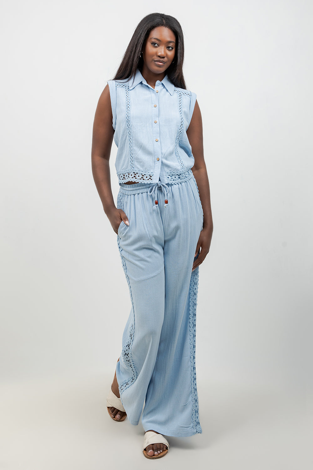 Linen Blend Sleeveless Button Down Shirt with Lace Detail