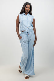 Linen Blend Sleeveless Button Down Shirt with Lace Detail