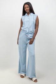 Linen Blend Sleeveless Button Down Shirt with Lace Detail