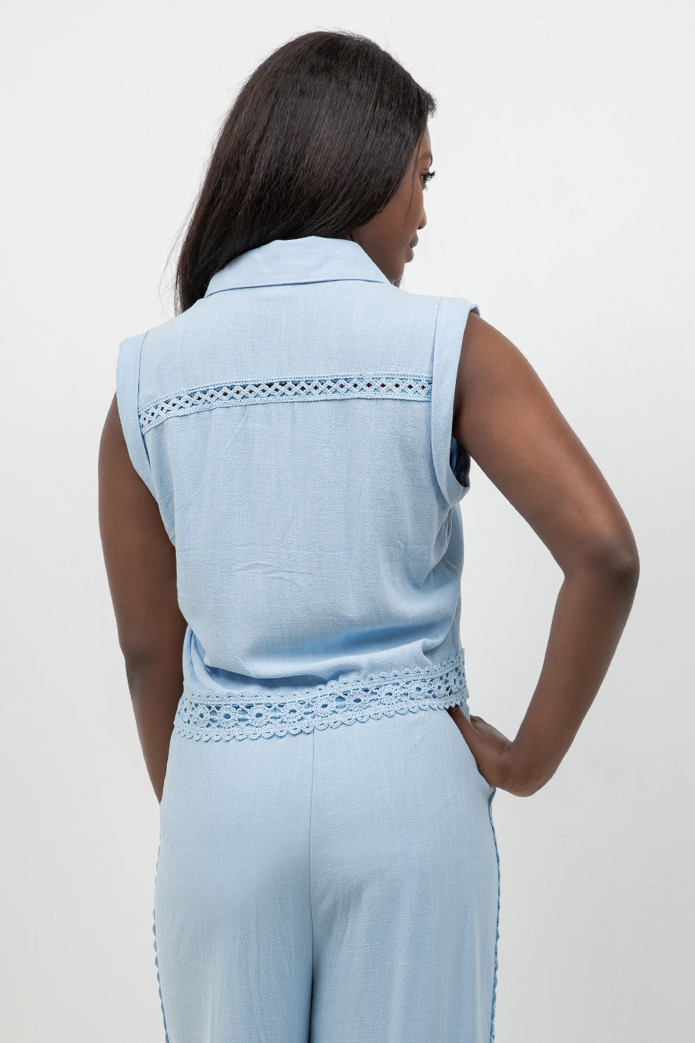 Linen Blend Sleeveless Button Down Shirt with Lace Detail