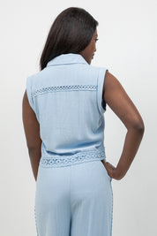 Linen Blend Sleeveless Button Down Shirt with Lace Detail