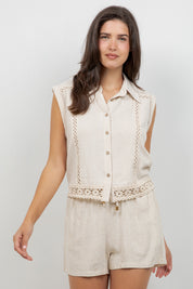 Linen Blend Sleeveless Button Down Shirt with Lace Detail