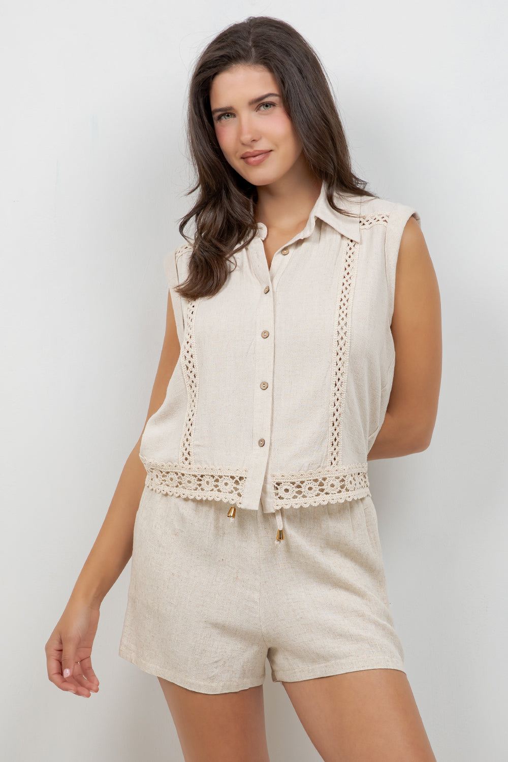 Linen Blend Sleeveless Button Down Shirt with Lace Detail