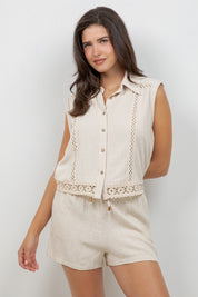 Linen Blend Sleeveless Button Down Shirt with Lace Detail