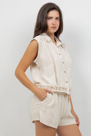 Linen Blend Sleeveless Button Down Shirt with Lace Detail
