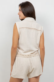 Linen Blend Sleeveless Button Down Shirt with Lace Detail