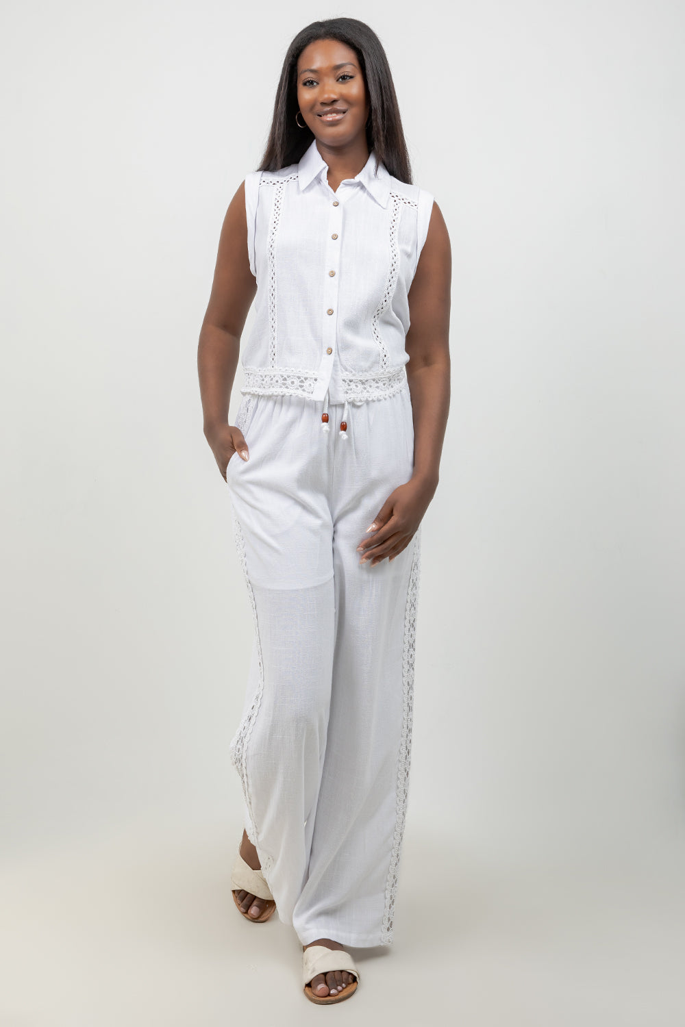 Linen Blend Sleeveless Button Down Shirt with Lace Detail