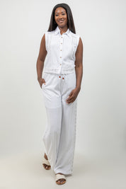 Linen Blend Sleeveless Button Down Shirt with Lace Detail
