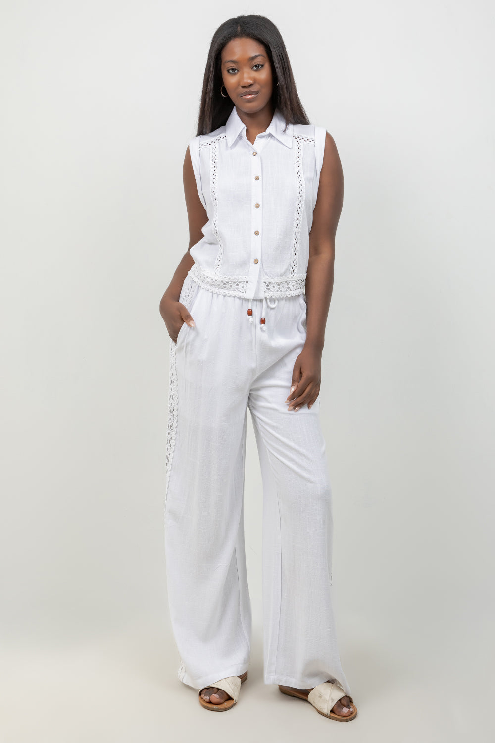 Linen Blend Sleeveless Button Down Shirt with Lace Detail