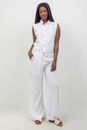 Linen Blend Sleeveless Button Down Shirt with Lace Detail