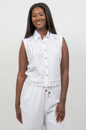 Linen Blend Sleeveless Button Down Shirt with Lace Detail