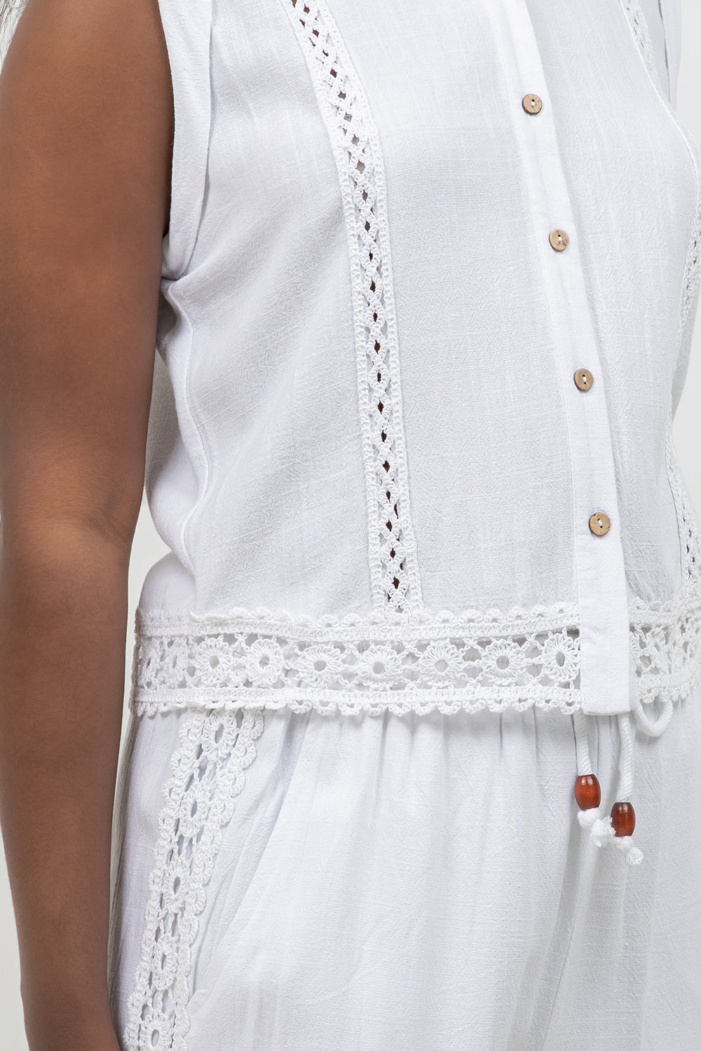 Linen Blend Sleeveless Button Down Shirt with Lace Detail