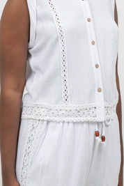 Linen Blend Sleeveless Button Down Shirt with Lace Detail