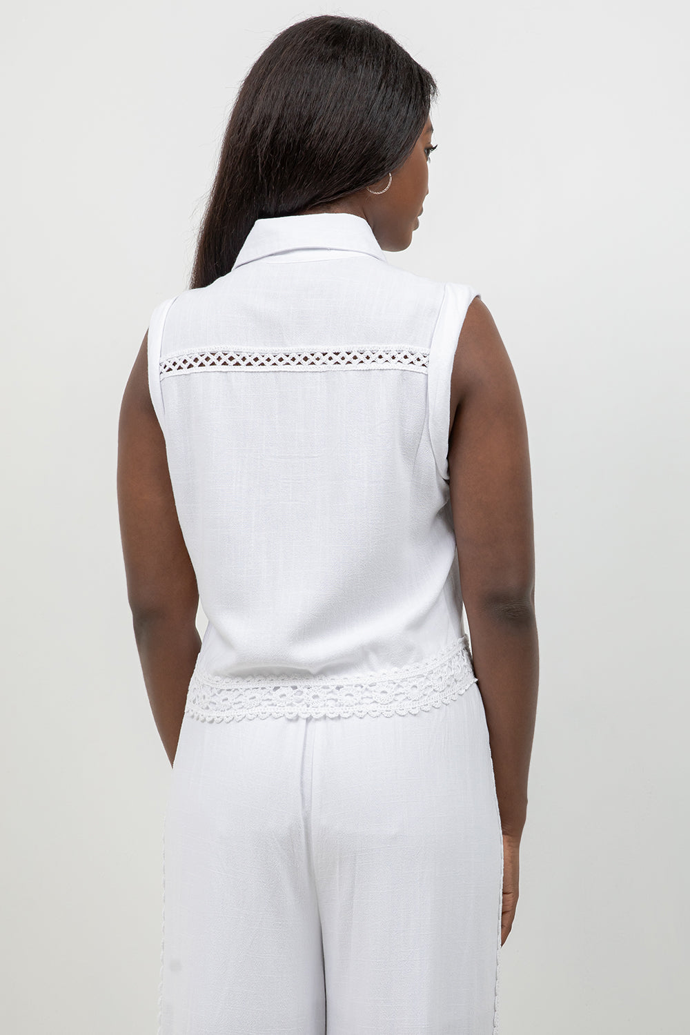 Linen Blend Sleeveless Button Down Shirt with Lace Detail