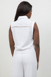 Linen Blend Sleeveless Button Down Shirt with Lace Detail