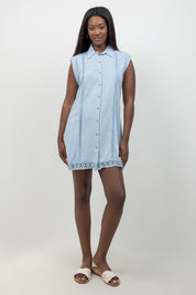 Linen Blend Sleeveless Button Down Shirtdress with Lace Detail