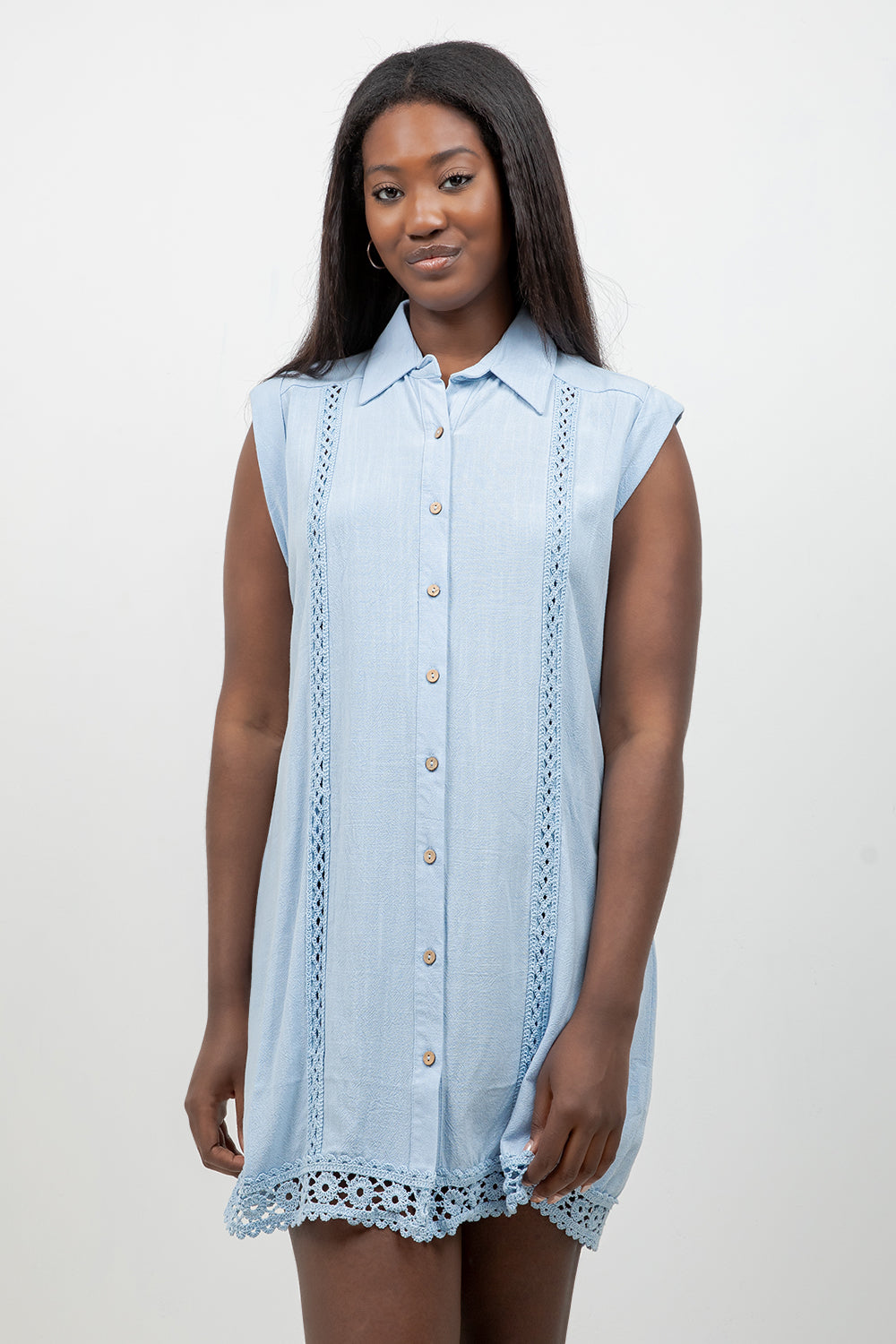 Linen Blend Sleeveless Button Down Shirtdress with Lace Detail