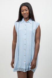 Linen Blend Sleeveless Button Down Shirtdress with Lace Detail