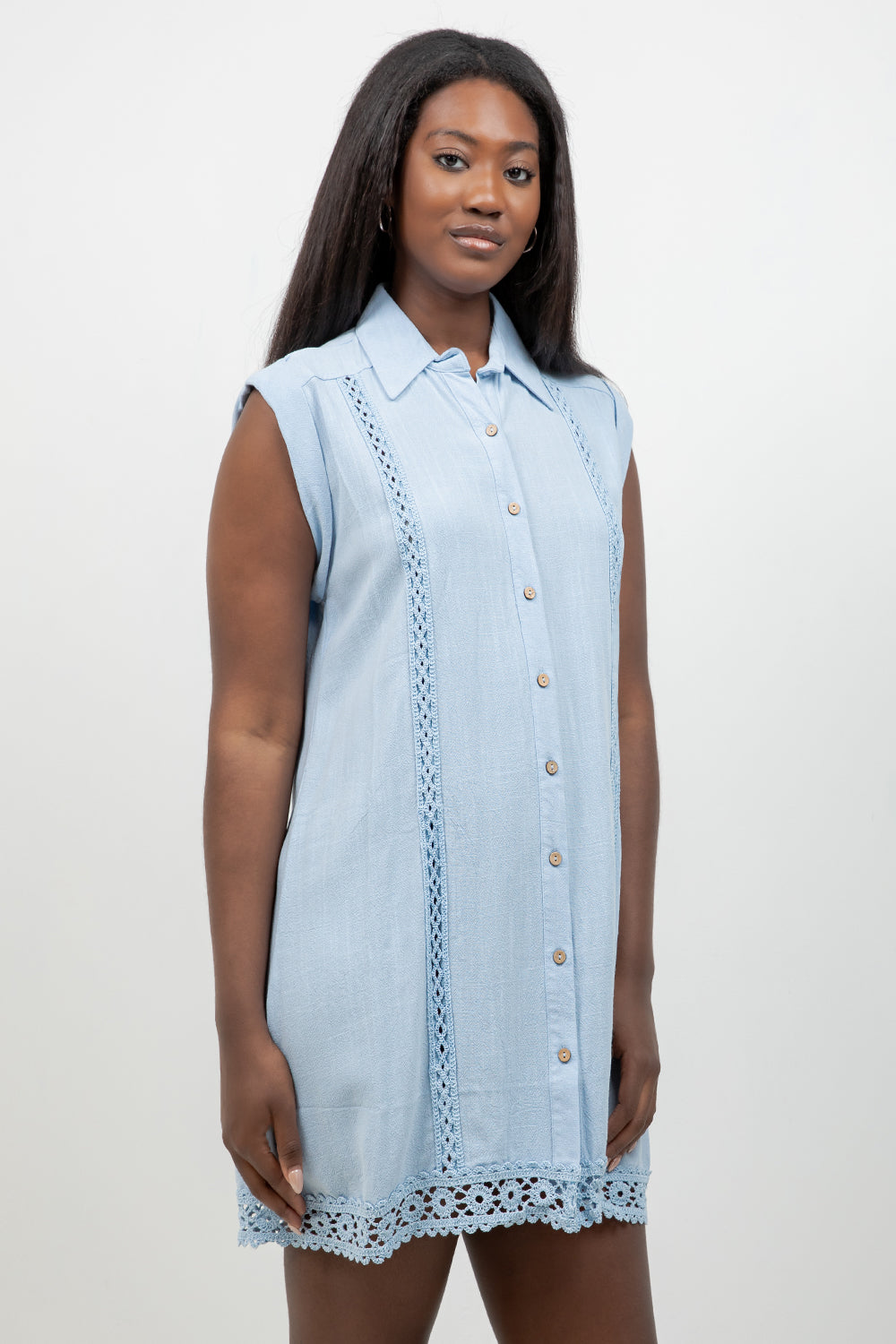 Linen Blend Sleeveless Button Down Shirtdress with Lace Detail